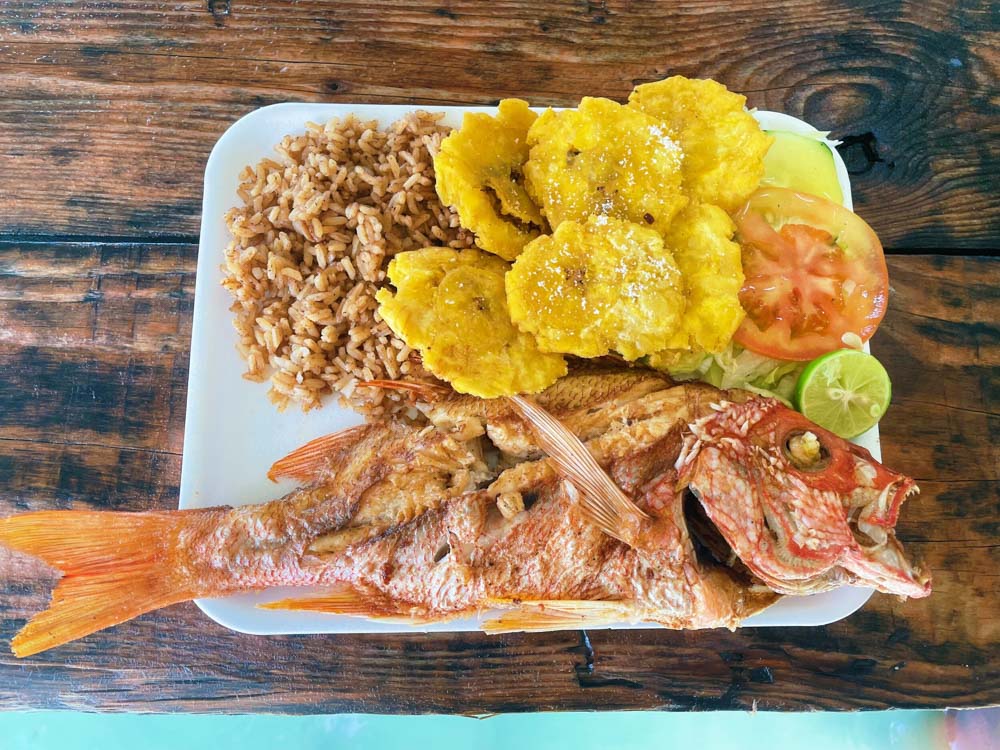 Traditional Colombian food featuring fried fish, plantains, rice, and vegetables